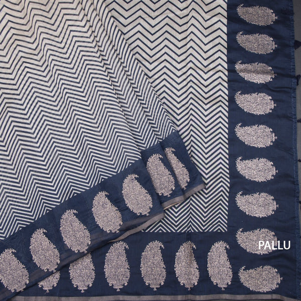 Semi Linen Cream Zig Zag Printed Saree And Zari Thread Border 03