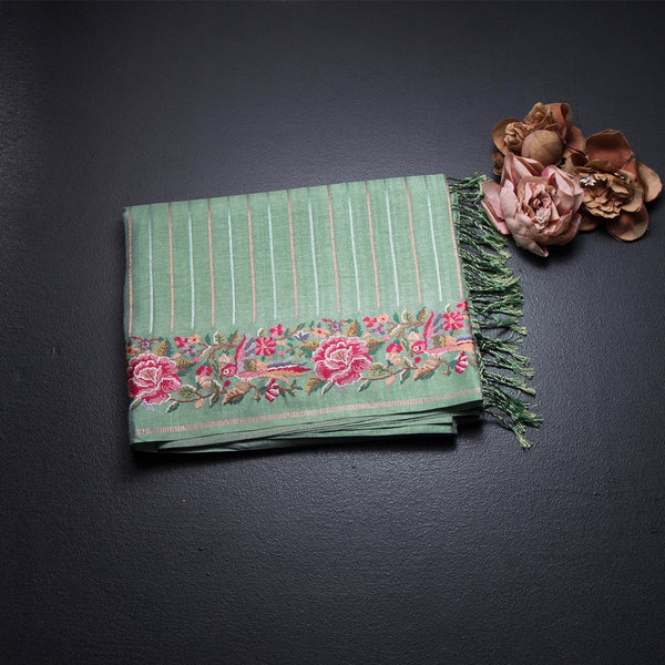 Raw Silk Pista Green Zari Stripes Saree And Floral Thread Border