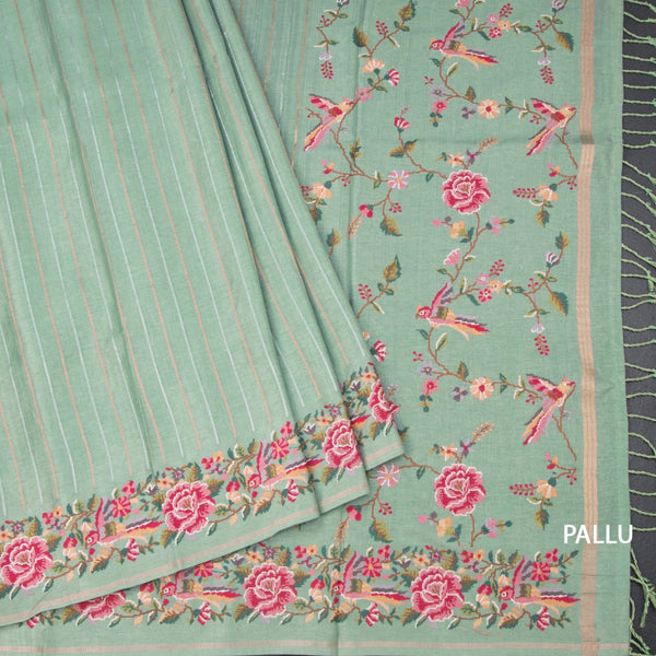 Raw Silk Pista Green Zari Stripes Saree And Floral Thread Border