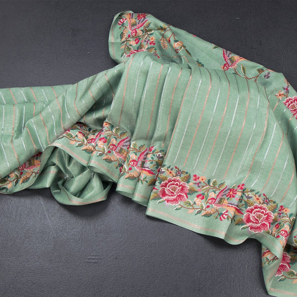 Raw Silk Pista Green Zari Stripes Saree And Floral Thread Border