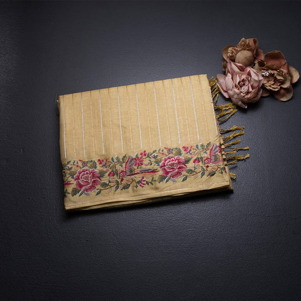 Raw Silk Yellow Zari Stripes Saree And Floral Thread Border