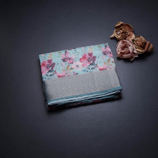 Raw Silk Sea Green Floral Printed Saree And Zari Border