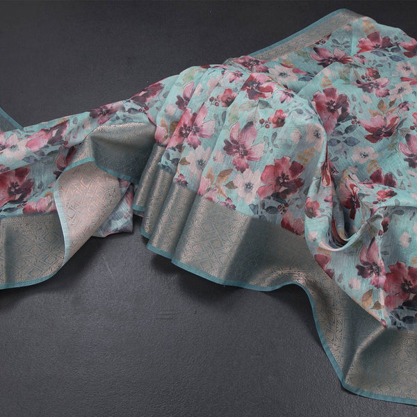 Raw Silk Sea Green Floral Printed Saree And Zari Border