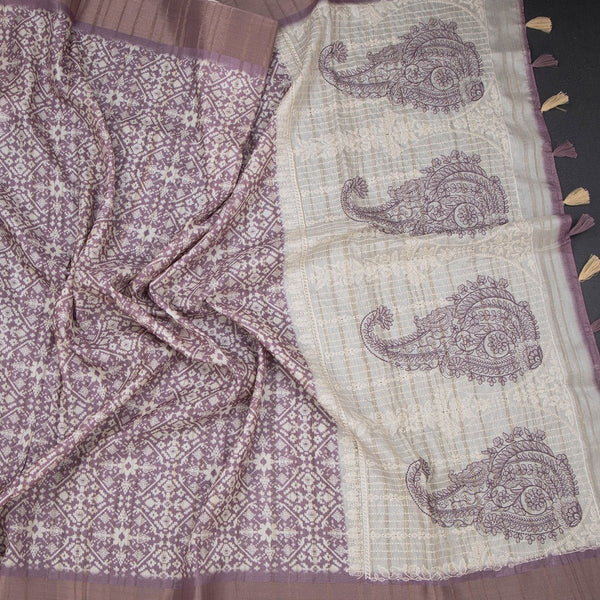 Raw Silk Purple Printed Saree With Zari Border