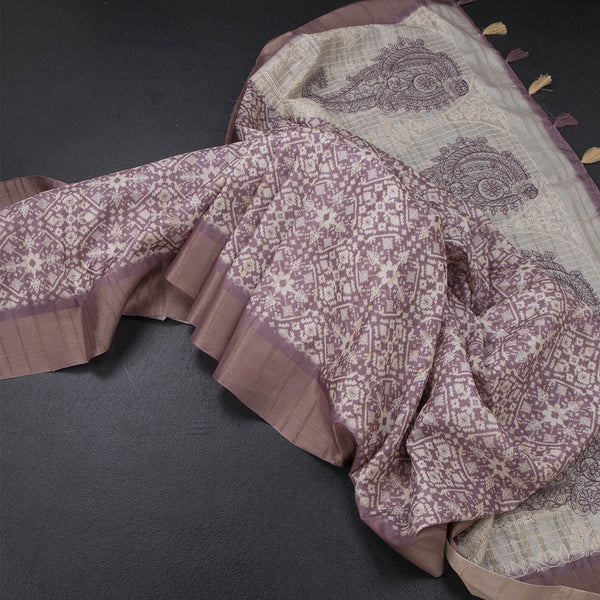 Raw Silk Purple Printed Saree With Zari Border