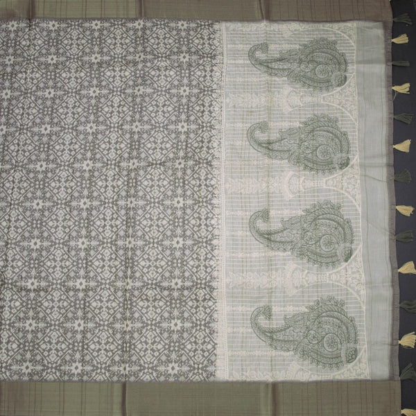 Raw Silk Olive Green Printed Saree With Zari Border 02