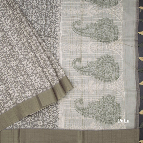 Raw Silk Olive Green Printed Saree With Zari Border 02