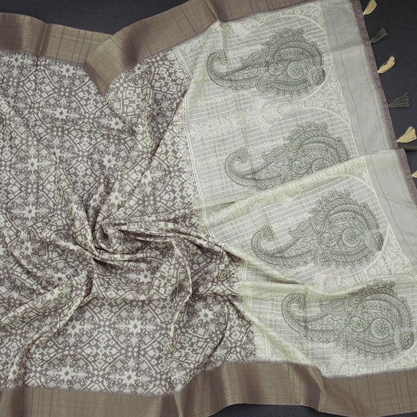 Raw Silk Olive Green Printed Saree With Zari Border 02