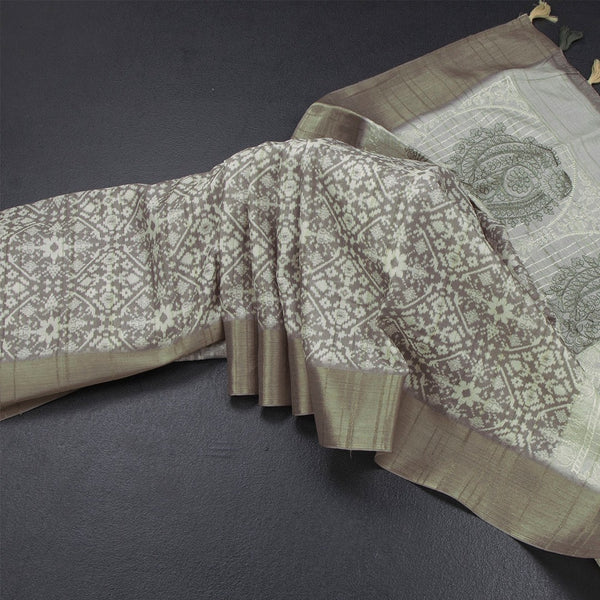 Raw Silk Olive Green Printed Saree With Zari Border 02