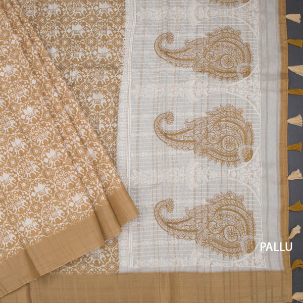 Raw Silk Mustard Yellow Printed Saree With Zari Border