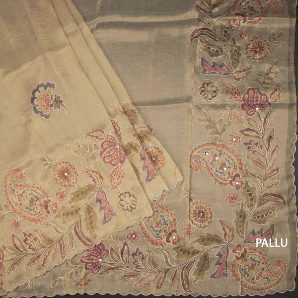 Tissue Gold Zari Thread Work Saree With Mirror Work