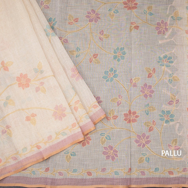 Linen Cream Saree With Painted Zari Thread Work 02