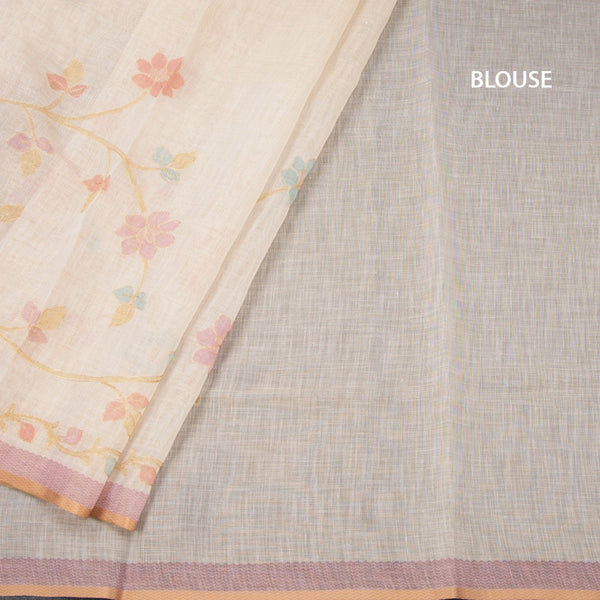 Linen Cream Saree With Painted Zari Thread Work 02