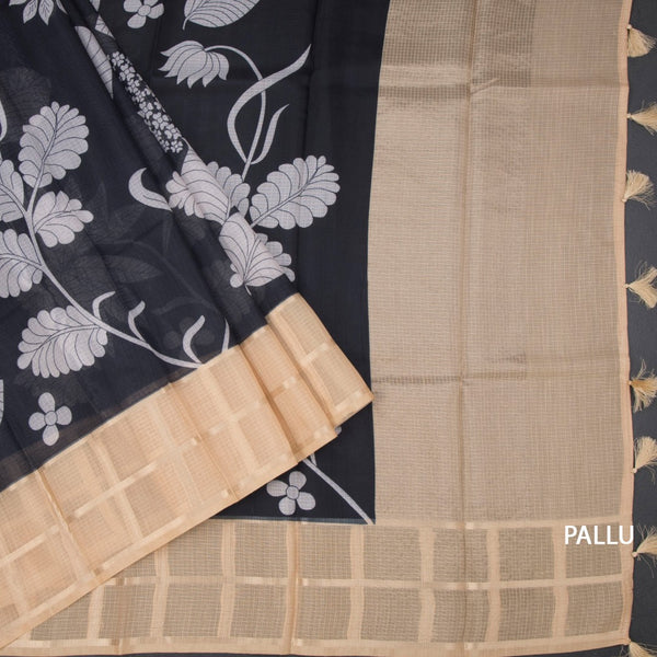 Kota Black Floral Printed Saree And Zari Checked Border 03