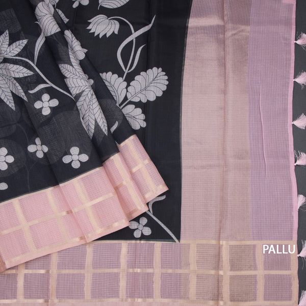 Kota Black Floral Printed Saree And Zari Checked Border 02