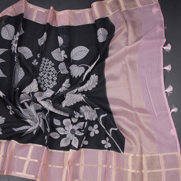 Kota Black Floral Printed Saree And Zari Checked Border 02