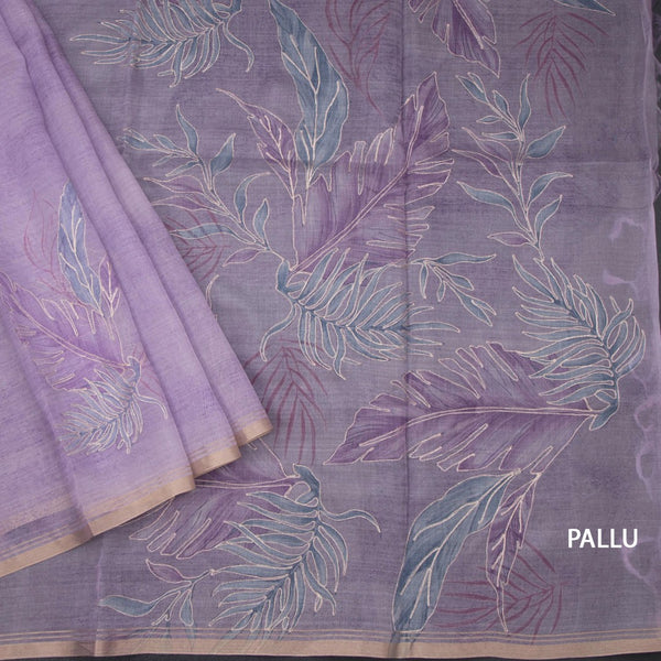 Organza Lavender Leaf Printed With Zari Thread Work Saree