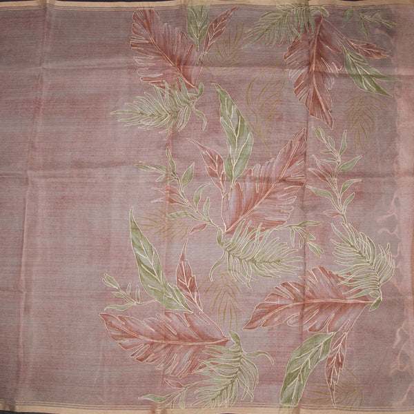 Organza Light Peach Leaf Printed With Zari Thread Work Saree