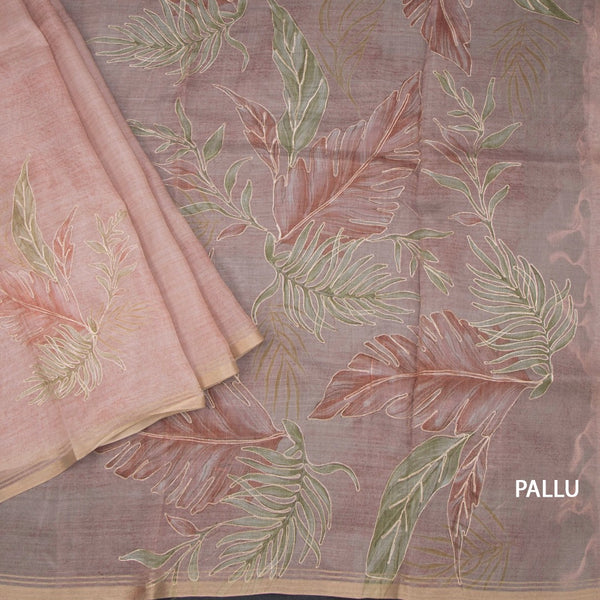 Organza Light Peach Leaf Printed With Zari Thread Work Saree