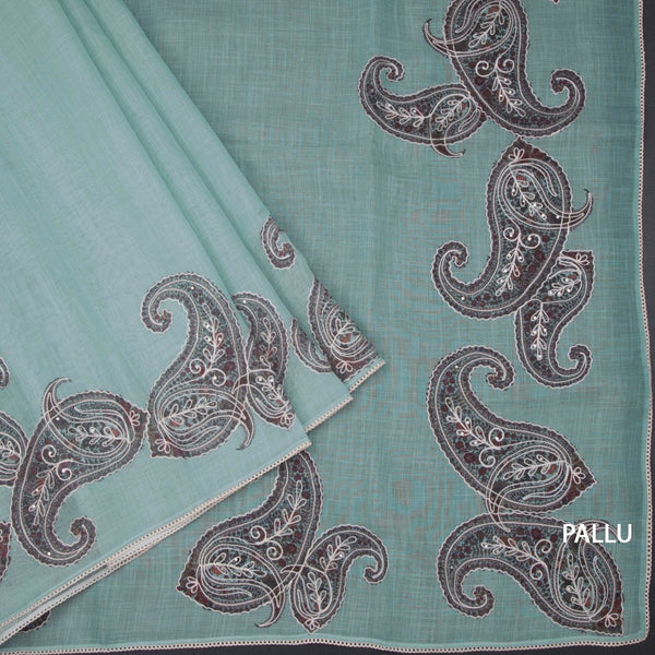 Linen Sea Green Borderless Thread Work Saree With Paisley Design