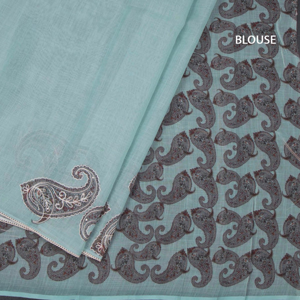 Linen Sea Green Borderless Thread Work Saree With Paisley Design