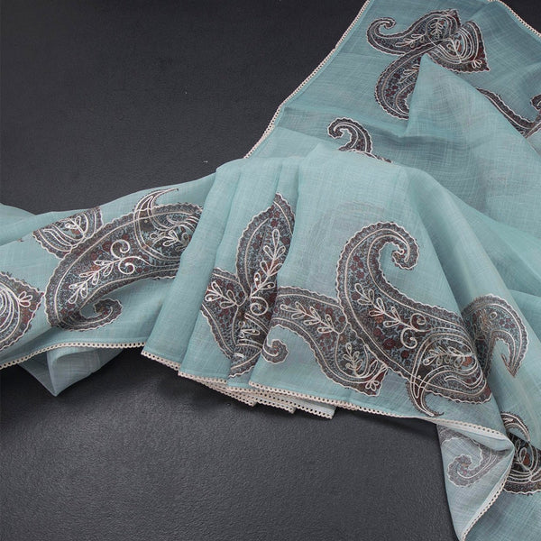 Linen Sea Green Borderless Thread Work Saree With Paisley Design