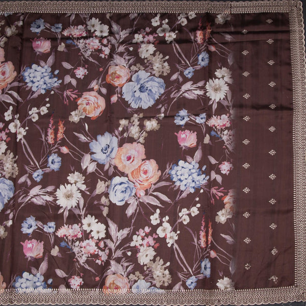 Raw Silk Dark Brown Floral Printed Saree And Thread Cut work Border
