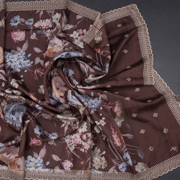 Raw Silk Dark Brown Floral Printed Saree And Thread Cut work Border