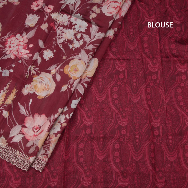Raw Silk Maroon Floral Printed Saree And Thread Cut work Border