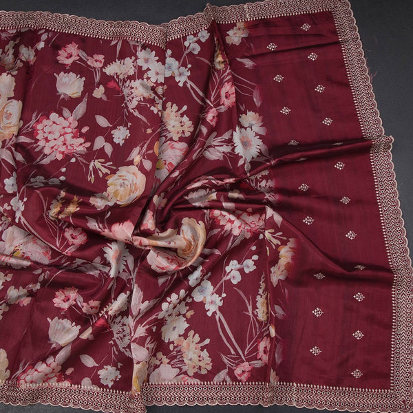 Raw Silk Maroon Floral Printed Saree And Thread Cut work Border