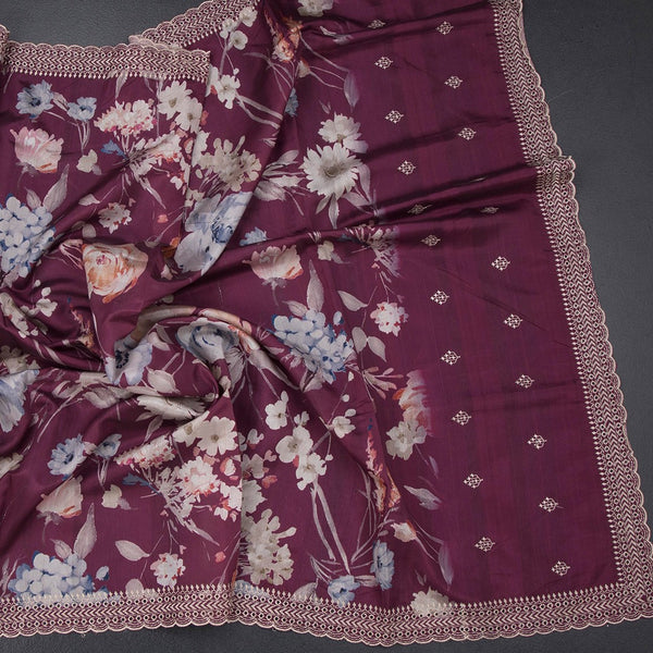 Raw Silk Mulberry Pink Floral Printed Saree And Thread Cut Work Border