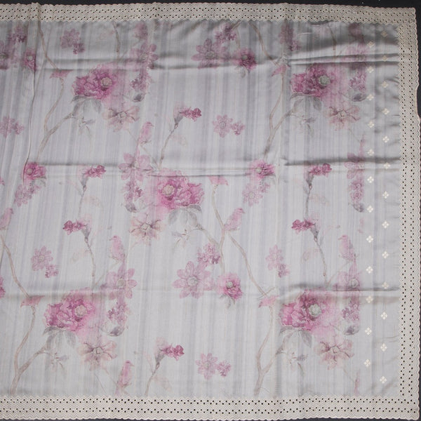 Raw Silk Light Grey Printed With Thread Work Saree And Cut Work Border