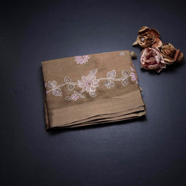 Linen Golden Brown Saree With Painted Zari Thread Work