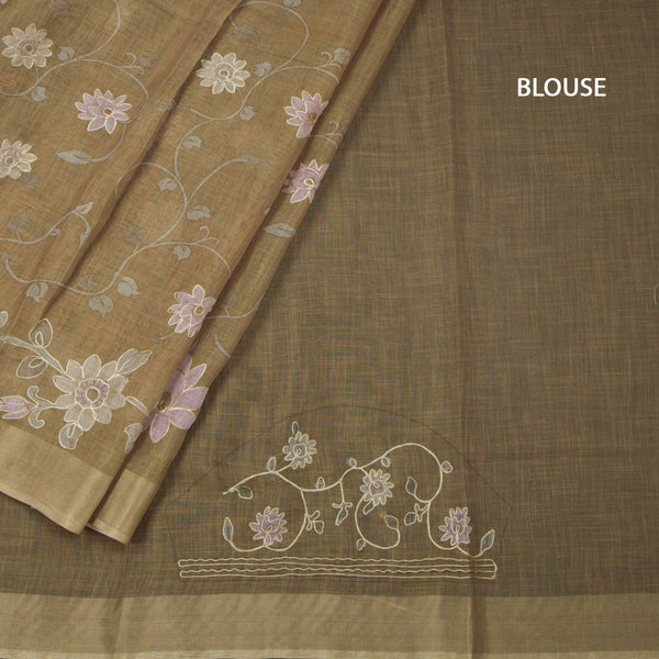 Linen Golden Brown Saree With Painted Zari Thread Work