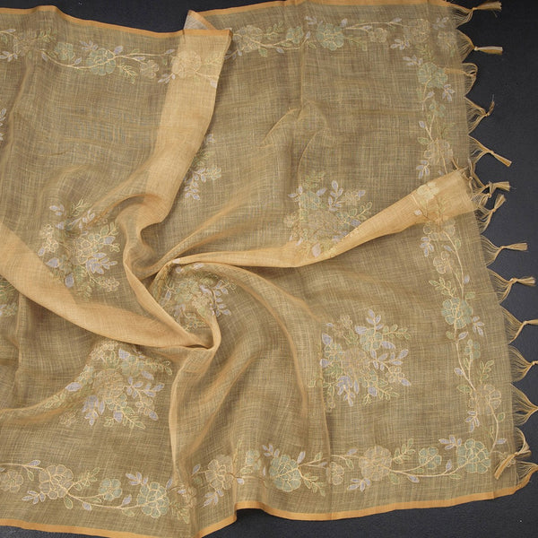 Linen Gold Saree Painted With Zari Thread Work