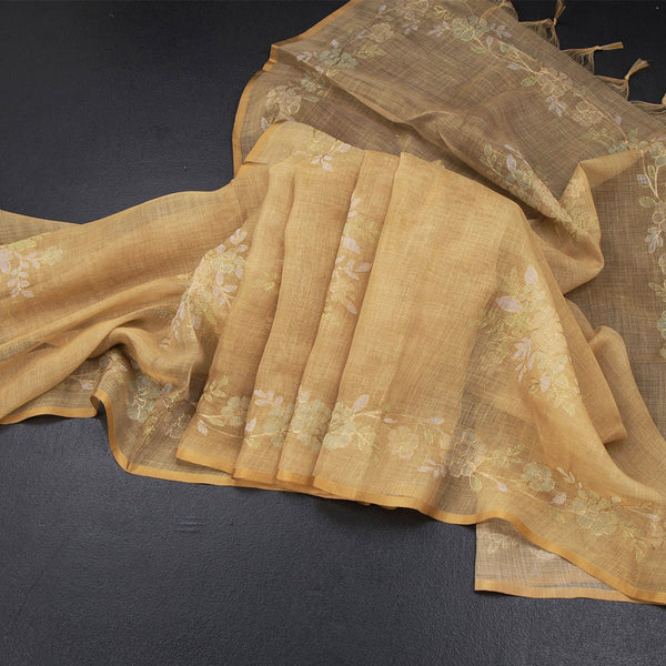 Linen Gold Saree Painted With Zari Thread Work