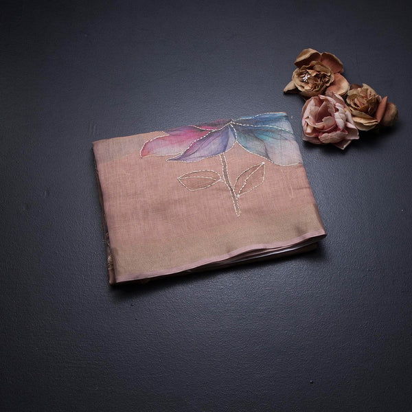 Linen Light Peach Floral Paint With Thread Work Saree