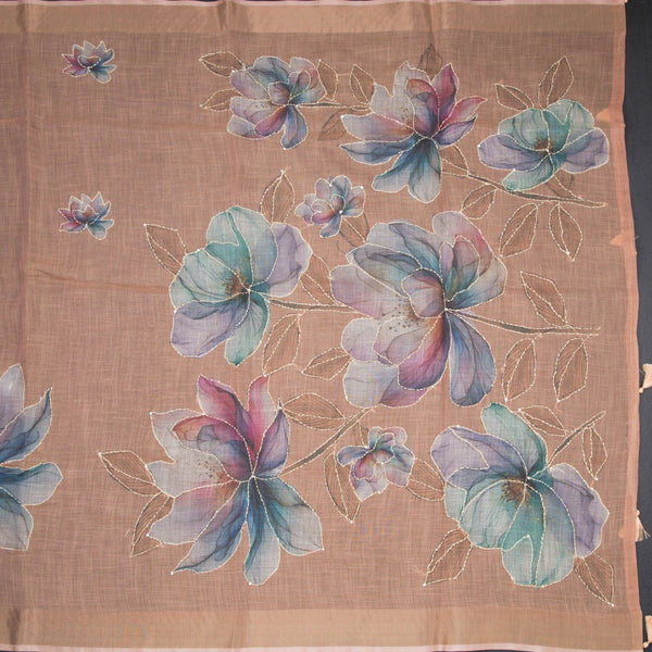 Linen Light Peach Floral Paint With Thread Work Saree