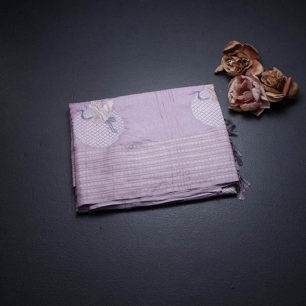 Raw Silk Light Lavender Thread Work Saree In Bird Design