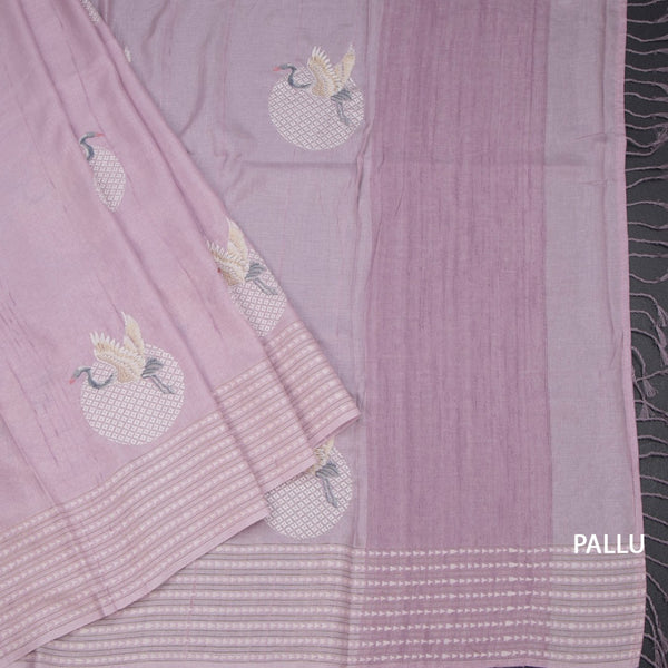 Raw Silk Light Lavender Thread Work Saree In Bird Design