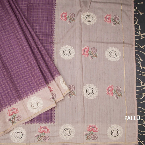 Raw Silk Plum Purple Zari Checked Saree And Thread Work Border