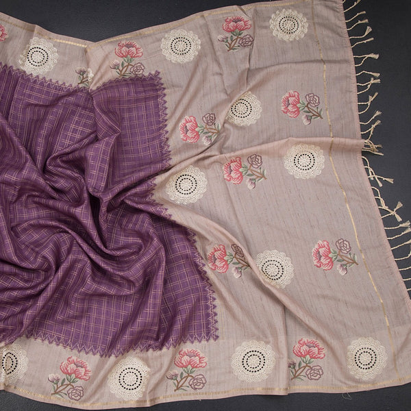 Raw Silk Plum Purple Zari Checked Saree And Thread Work Border