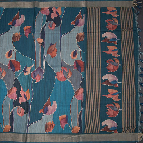Raw Silk Blue Printed Saree And Zari Border
