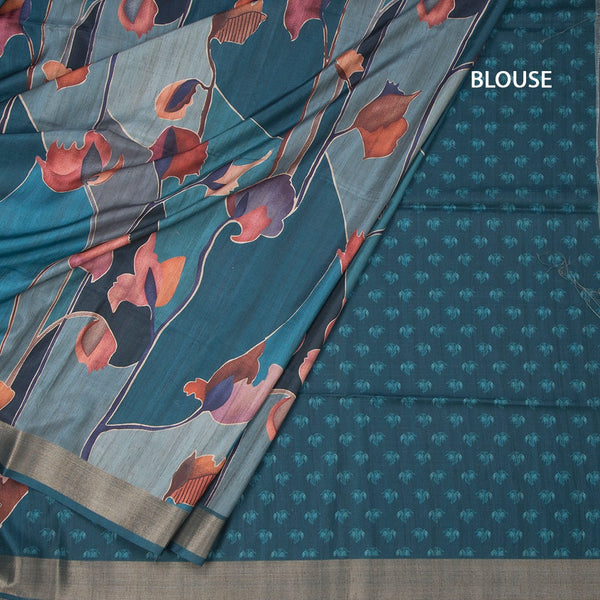 Raw Silk Blue Printed Saree And Zari Border