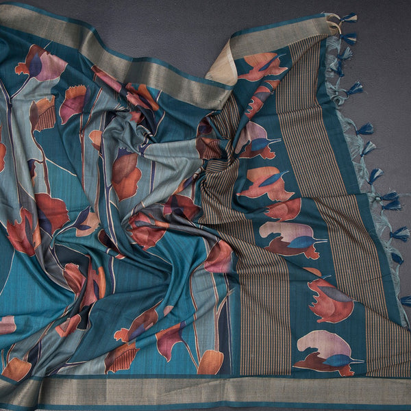 Raw Silk Blue Printed Saree And Zari Border