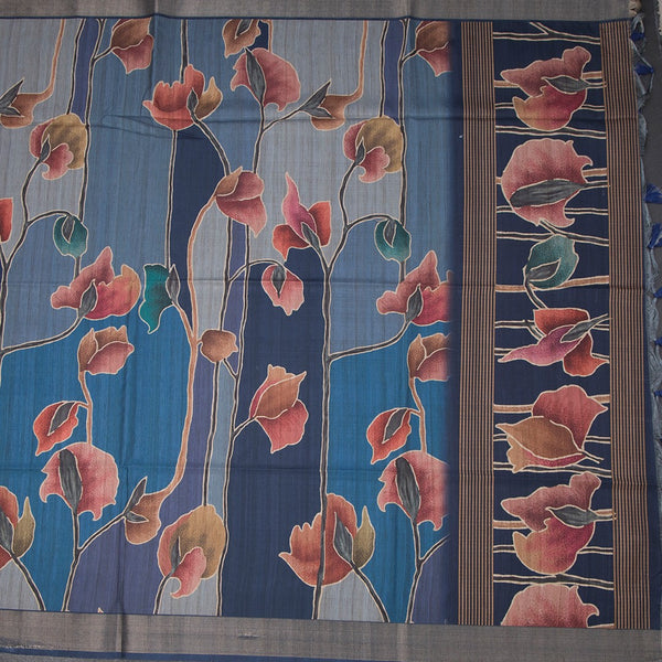 Raw Silk Blue Printed Saree And Zari Border 02