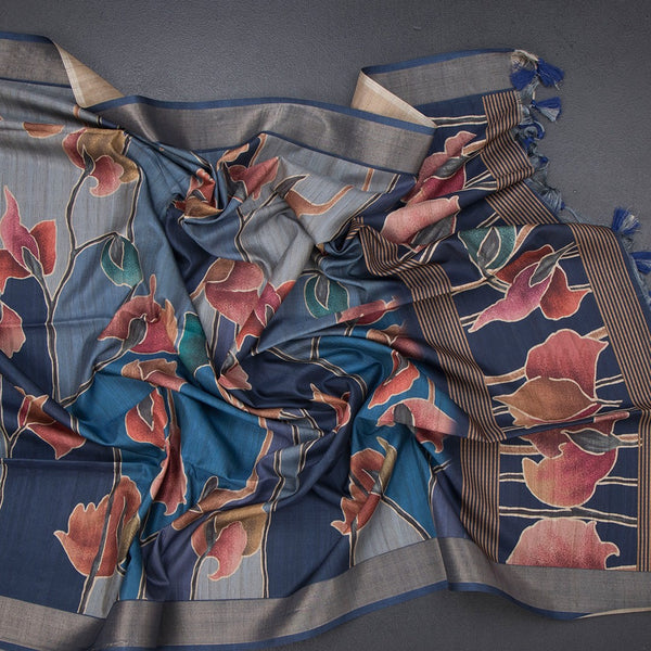 Raw Silk Blue Printed Saree And Zari Border 02