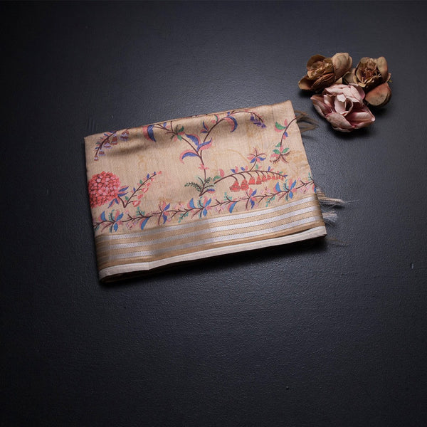 Raw Silk Sandal Floral Printed Saree With Zari Border