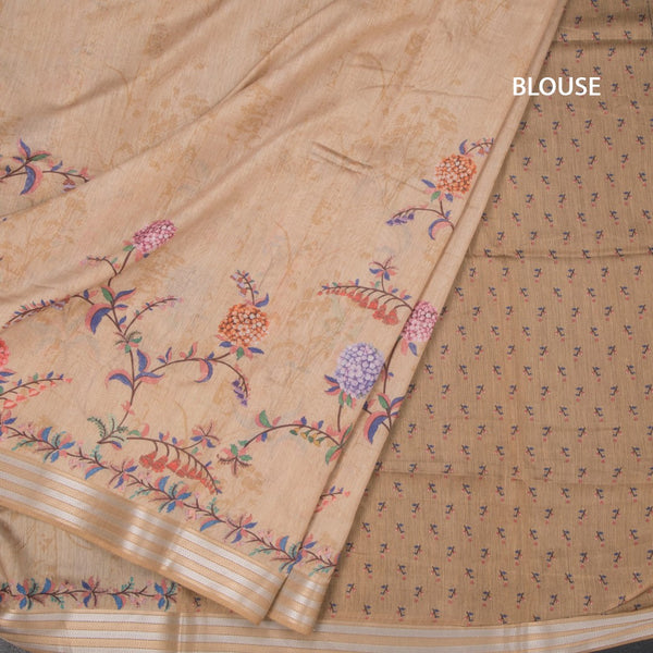 Raw Silk Sandal Floral Printed Saree With Zari Border