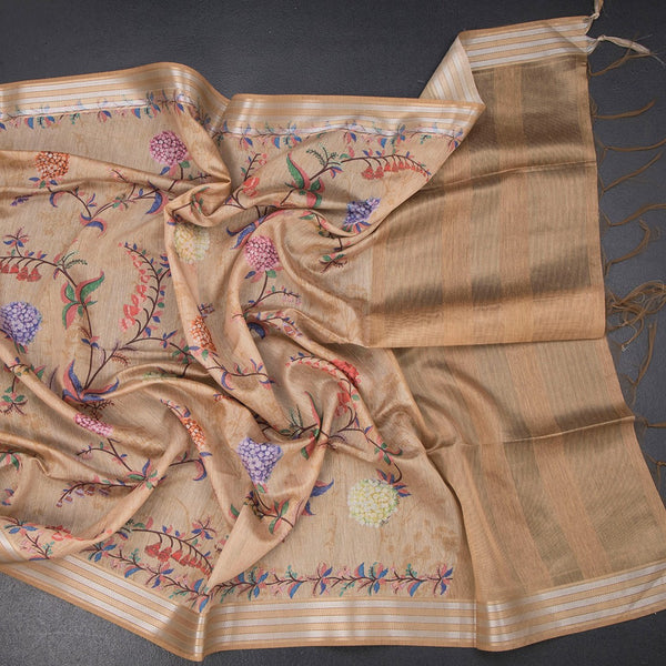 Raw Silk Sandal Floral Printed Saree With Zari Border